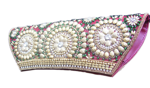 Beaded Half Moon Clutch Bag Pink Gold <b>Green</b> Embroidery Sparkling Evening Party Style - Product Image 2