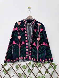 เสื้อแจ็คเก็ตซูซานีปักลายดอกไม้สีน้ำเงินกรมท่าแบบวินเทจ แขนยาว คอตั้ง ทำมือ สไตล์โบฮีเมียน เสื้อคลุมฤดูหนาว - Product Image 4