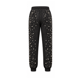 Black Pearl Beaded <b>Jogger</b> Pants <b>Women</b> Luxury Rhinestone Embellished Drawstring Sweatpants Casual Streetwear <b>Fleece</b> Trousers - Product Image 2