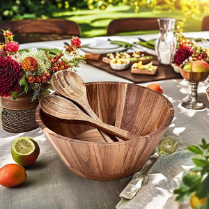 Saladier moderne en bois d'acacia avec 2 cuillères - Product Image 3