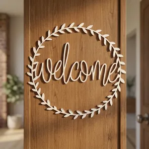 Encantadora Letrero de Bienvenida Blanco con Escritura Cursiva Dentro de un Marco de Corona de Hojas, Arte de Pared Moderno y Minimalista para Decoración del Hogar - Product Image 6