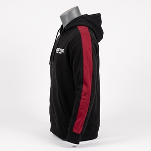 Midnight Black <b>Burgundy</b> Sleeve Stripe Fleece Zip Up Hooded Sweatshirt Dual Front Hand Split Pouch Pocket Athletic Warm Up Wear - Product Image 5