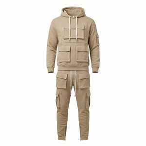 Ensemble de survêtement à capuche pour homme, couleur unie, poches cargo, fermeture à cordon, vêtements décontractés d'automne, manches longues, coupe régulière, 100% coton - Product Image 1