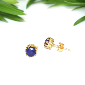 Unique Designer Fancy Shape 7 MM Dyed <b>Blue</b> Sapphire Gemstone 22k Gold Plated Crown <b>Stud</b> <b>Earring</b> For Women Girl Wholesale Jewelry - Product Image 3
