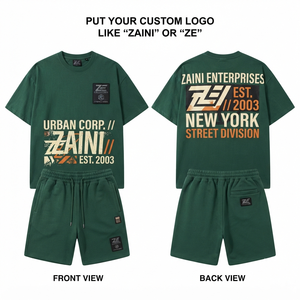 Premium 280 GSM Cotton French Terry Men T Shirt and Short Set Dark <b>Green</b> Custom Puff Print Screen Print Embroidery Logo - Product Image 1