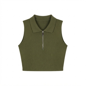 Custom Logo Embroidery Black Sleeveless Women's Summer Half Zipper Tank <b>Top</b> Slim Casual Silk/Cotton Breathable Polo Shirt Zip - Product Image 5