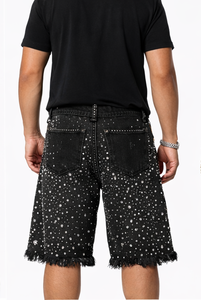 Shorts en jean délavé uni pour homme avec strass, taille haute élastique, style urbain, idéal pour l'été - Product Image 3