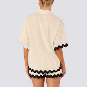 Nouvel ensemble décontracté pour femme : chemise ondulée contrastante et short deux pièces - Product Image 2
