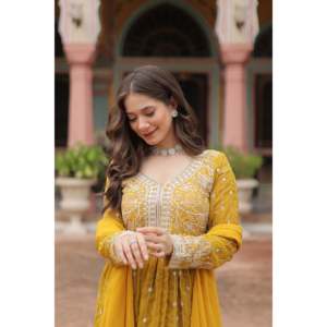 Linen Faux Georgette <b>Sequins</b> Embroidered Palazzo Suit Set with Dupatta for Party Wear - Product Image 1
