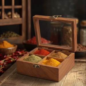 Premium Round Wooden Spice <b>Box</b> in Latest Inlay Design With 4 Round Container for Store Spices and <b>Herbs</b> - Product Image 1