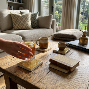 Handmade Wholesale Custom <b>Marble</b> <b>Coaster</b> Set with Vintage Yellow Geometric Pattern, Square Natural Stone Drink <b>Coasters</b> for Home - Product Image 3