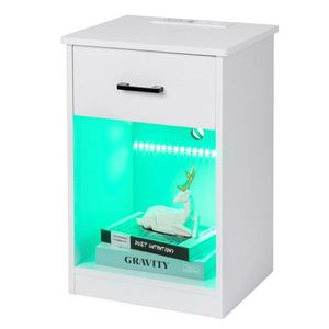 Comodino in truciolato bianco con LED, 1 cassetto e presa, 40x35x60cm - Product Image 6