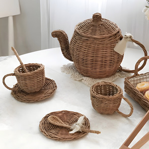 Jouets de jeu de rôle faits à la main pour enfants, lot en gros, service à thé en rotin, accessoires pour fête du thé - Product Image 3