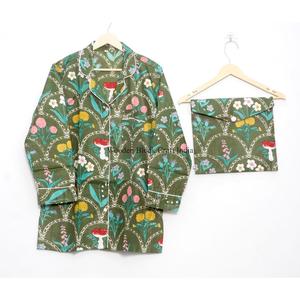 Ensemble de pyjama en coton à motif floral, design élégant et simple, imprimé à la main, vêtements de nuit pour femmes, léger, pour l'été, vêtements de détente - Product Image 2