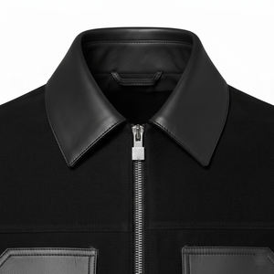 Blouson Bomber en Coton et Daim pour Homme avec Logo Cristal Personnalisé sur le Devant - Blouson Varsity Noir Premium Coupe Slim avec Panneaux en Cuir Contrastant - Product Image 3
