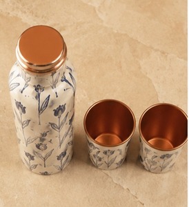 Bouteille d'eau en cuivre naturel à imprimé floral avec couvercles, ensemble de vaisselle portable pour les voyages - Product Image 2