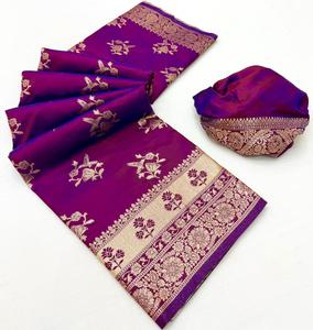 ชุดส่าหรีผ้าไหม Banarasi ทอลายชนเผ่าที่มีลวดลายการออกแบบแบบสัมผัสทั่วสำหรับงานเลี้ยงฉลอง - Product Image 3