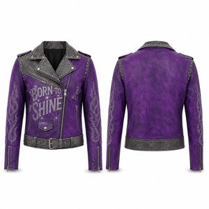 Purple PU Leather <b>Jacket</b> with <b>Rhinestone</b> Print Full Sleeve Biker Style All Seasons Motorcycle Wear Waterproof Windproof Unisex - Product Image 1
