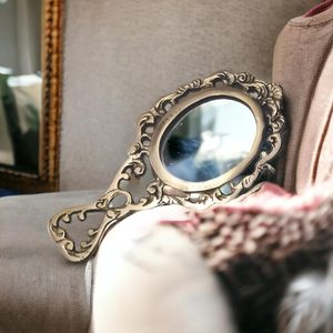 Espejo de mano de latón con mango, espejo compacto de latón puro para maquillaje, portátil para viajes, para el cuidado personal y tocador - Product Image 2