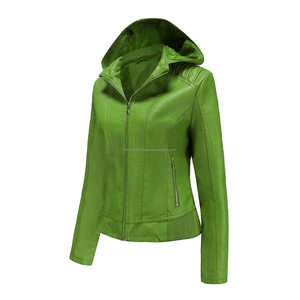 Veste à capuche en cuir vert citron pour femme avec doublure Sherpa confortable Poches zippées Longue longueur pour un style de confort hivernal - Product Image 2