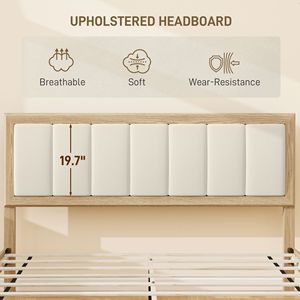 Struttura letto matrimoniale con testiera imbottita, base letto a piattaforma con doghe in legno, nessuna rete a molle necessaria, facile montaggio, stile naturale - Product Image 4