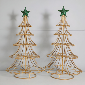 Ensemble d'arbres de Noël classiques décoratifs verts, 2 ornements métalliques, arbres en fil métallique ornés, étoiles de sommet, éclairage LED, intérieur/extérieur, pour les fêtes - Product Image 3
