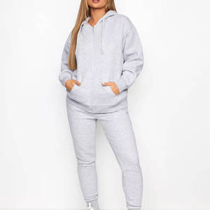 Ensemble de sweat-shirt à capuche gris surdimensionné, coupe régulière, fermeture éclair, couleur unie, tissu French Terry, unisexe, vêtements d'automne - Product Image 2