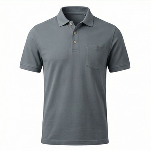 Polo à manches courtes gris pour homme en tissu Oxford de coton, couleur unie décontractée avec poche, coupe classique, respirant, design tissé - Product Image 1