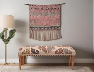 Handmade Modern Kilim Jute Rug <b>Bench</b> Ottoman Turkish Inspired Upholstered <b>Wooden</b> Seat Bedroom Entryway Furniture Decor - Product Image 2