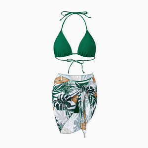Women's Tropical Print <b>Bikini</b> Set Scoop Neck Three <b>Piece</b> Swimwear Shorts Bottom Green Patterned Tummy Control Sexy Plus Front - Product Image 1