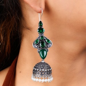 Wholesale Green Stone <b>Oxidized</b> Silver Jhumka Earrings for Women | Traditional Indian Ethnic Dangle Earrings | Handmade Jewelry - Product Image 2