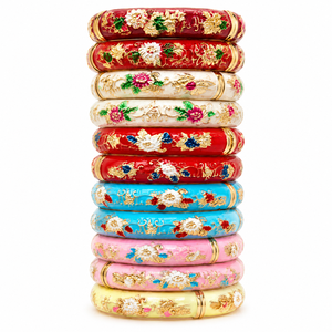 Floral Metal Bangle Bracelet <b>Set</b> with Multi <b>coloured</b> Enamel Finish Fashion Ethnic Stacking Bangles for Women - Product Image 1