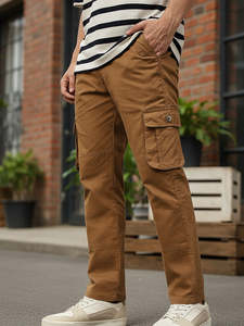 Pantalon cargo beige pour homme, coupe classique, couleur unie, avec poches, fermeture éclair, taille moyenne, pour toutes les saisons, vêtements d'extérieur - Product Image 3