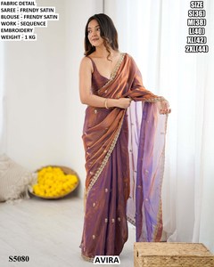 Sari en coton fantaisie brodé saphir bleu, traditionnel, été/hiver, pour Diwali, mariage, fête, anti-humidité, infroissable - Product Image 4