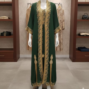 Abaya Kaftan en Georgette Vert Émeraude Royal, Brodé à la Main, Élégant, pour Fête de l'Aïd, Tenue de Soirée de Luxe, avec Broderie Zari Intricate, Longueur au Sol - Product Image 1