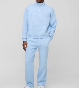 Ensemble de survêtement décontracté pour homme, bleu clair, demi-zip, manches longues, couleur unie, jogging mi-saison 100 % coton - Product Image 1