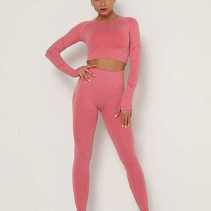 Ensemble de yoga sans couture personnalisé pour femmes, haut court à manches longues, leggings taille haute, vêtements de sport, 2 pièces - Product Image 4