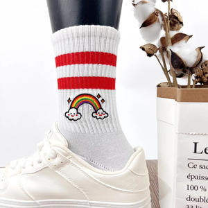 Chaussettes mi-mollet côtelées pour femmes, écologiques, antidérapantes, pour le yoga et usage quotidien, avec broderie de lettres, rayées, respirantes, à manchette rapide - Product Image 1