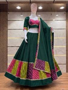 Chaniya Choli vert avec dupatta, tenue de mariage indienne traditionnelle, jupe évasée longue, robe ethnique pour femmes, en coton. - Product Image 4