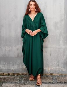 Women's Solid Green V Neck Maxi Abaya <b>Loose</b> Fit Long Sleeve Batwing Modest <b>Dress</b> With Slit Hem Polyester Daily Wear Summer Style - Product Image 4