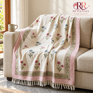 Manta de Sofá 100% Algodón con Estampado Artesanal y Borlas, Manta Floral Hecha a Mano para Sofá, Ropa de Cama Moderna, Transpirable, Decoración del Hogar para Todas las Estaciones - Product Image 3