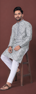 Kurta en coton gris imprimé pour homme avec churidar blanc, style indien pakistanais traditionnel, coupe régulière, longueur cheville, pour tenue décontractée - Product Image 2
