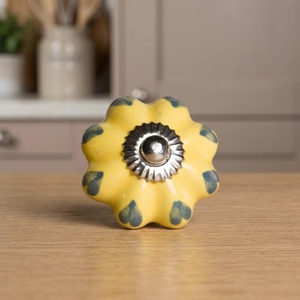 <b>Ceramic</b> Flower <b>Knob</b> Yellow with Blue Accents Farmhouse Style Cabinet Handle for Kitchen Furniture Durable Design - Product Image 1