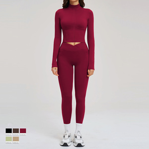 Conjunto de Yoga de 2 Piezas para Mujer de Alta Calidad, Spandex/Poliéster, Sujetador Deportivo Sin Costuras a Prueba de Impactos, Chaqueta con Cremallera, Leggings de Cintura Alta con Efecto Levanta Glúteos - Product Image 4