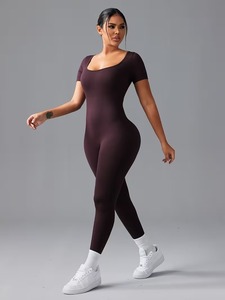 Women's Ribbed Scoop Neck Short Sleeve Jumpsuit | Full-Body Slim-Fit Activewear <b>Unitard</b> | Lightweight Yoga Fitness <b>Romper</b> - Product Image 3