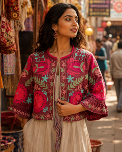 Suzani Embroidered Knitted Velvet Bomber <b>Jacket</b> Handcrafted Floral Boho Statement Wear Full Sleeve Autumn Outerwear - Product Image 3