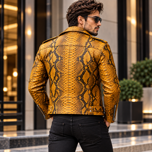Mens Mustard Yellow Embossed Genuine Leather <b>Biker</b>/Motorcycle <b>Jacket</b> with Zipper Pockets Breathable Winter Wear - Product Image 3