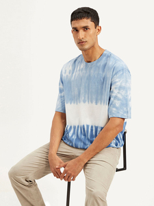 Camiseta Casual de Manga Corta con Cuello Redondo para Hombre, Tie-Dye Azul y Blanco, Corte Regular, Tejido de Punto Jersey, Algodón Transpirable - Product Image 2