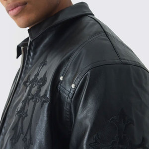 Blouson Bomber en Cuir PU pour Homme, Motif Croisé Gaufré, Fermeture Éclair, Col Rabattu, Manches Classiques, Idéal pour l'Automne - Product Image 5