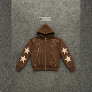 Sweat à capuche marron vintage zippé, style streetwear urbain, avec patch étoile vieilli, coupe oversize, style streetwear de luxe, rétro, effet délavé, épais - Product Image 5